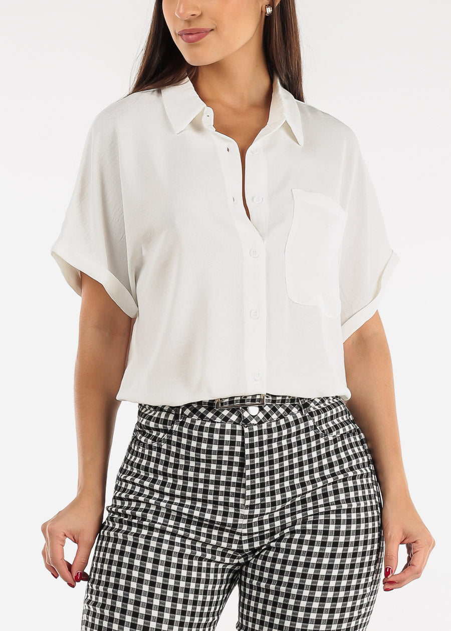 White Short Sleeve Relaxed Fit Button Up Shirt
