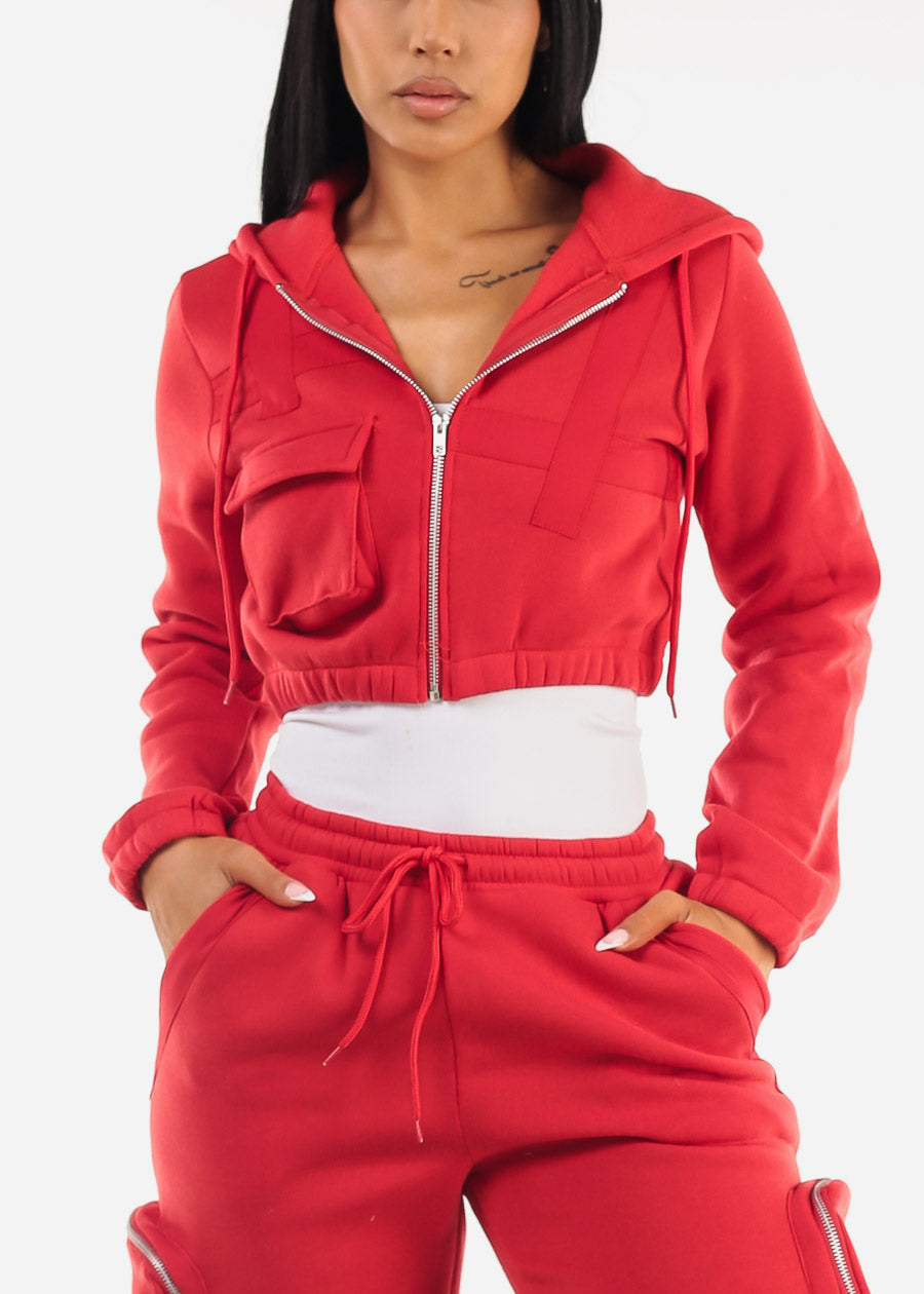 Red Cropped Zip Up Hoody 