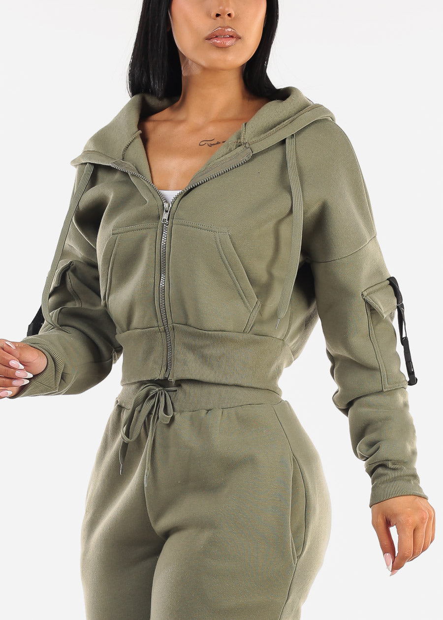 Cropped Zip Up Fleece Hoody Olive