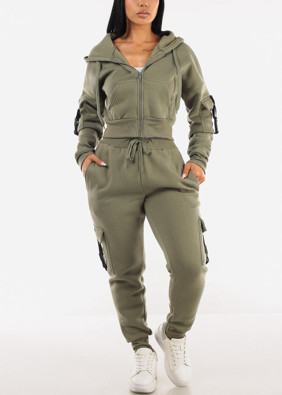 Cropped Zip Up Fleece Hoody Olive