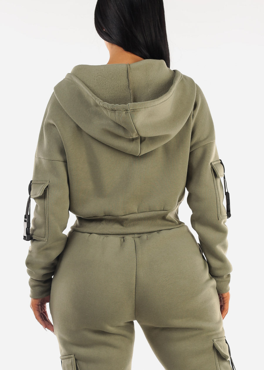 Cropped Zip Up Fleece Hoody Olive