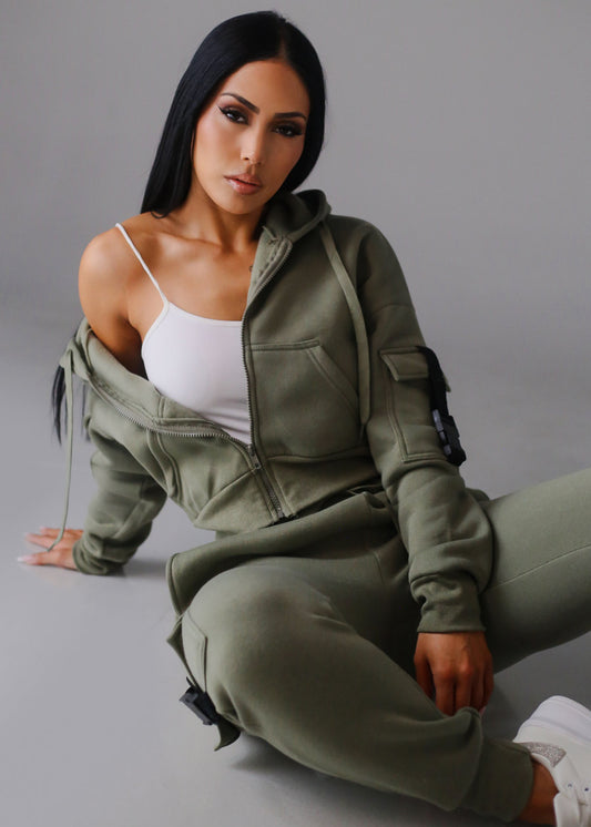 Cropped Zip Up Fleece Hoody Olive