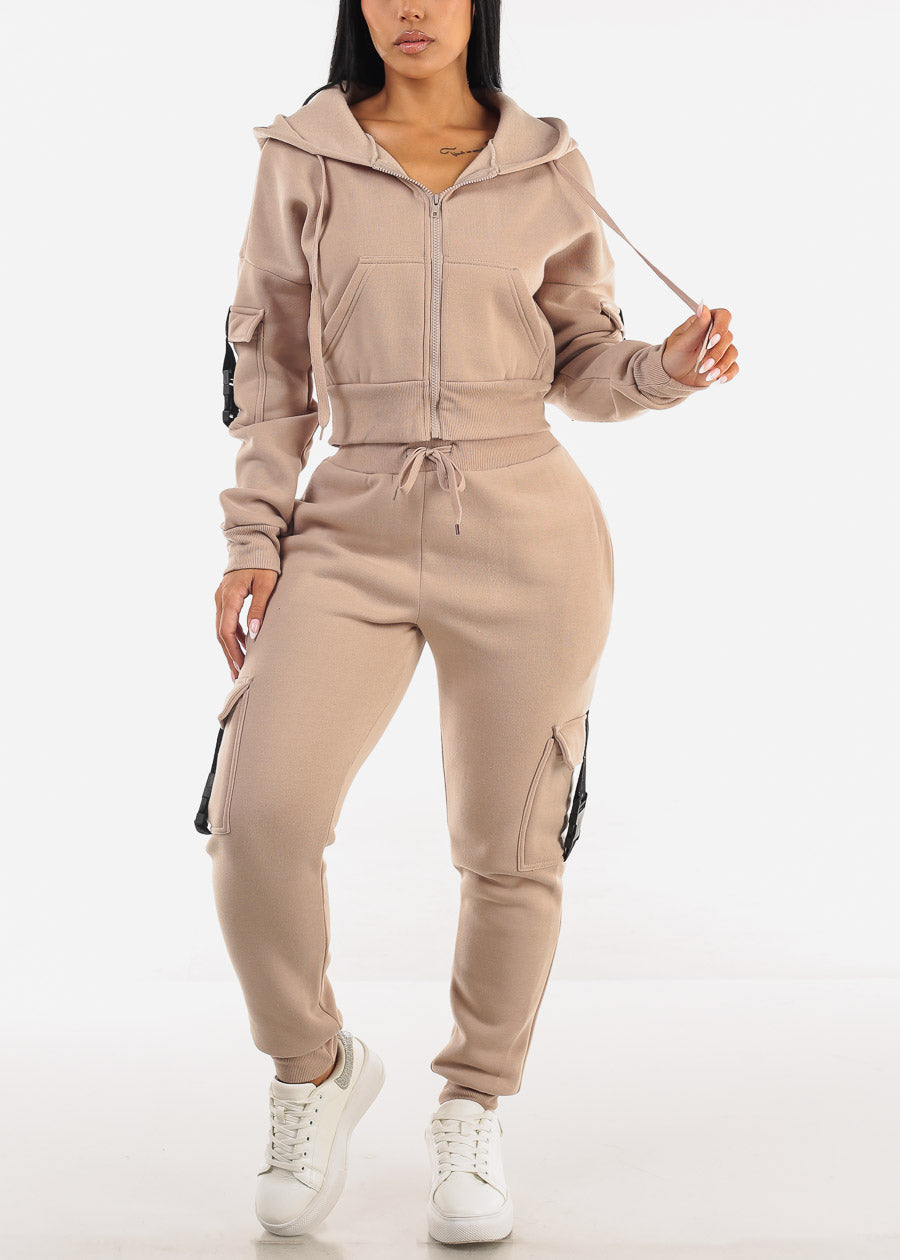 Cropped Zip Up Fleece Hoody Beige