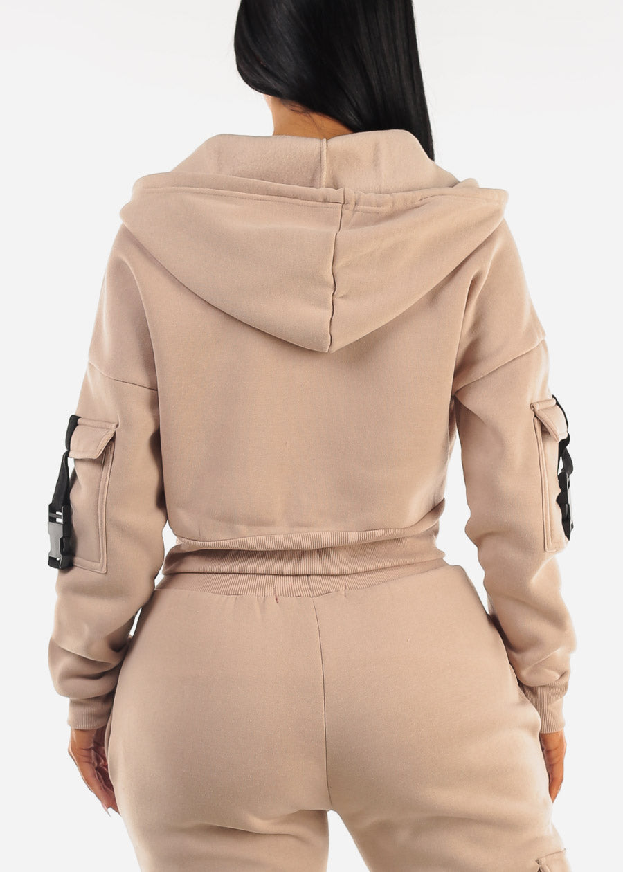 Cropped Zip Up Fleece Hoody Beige