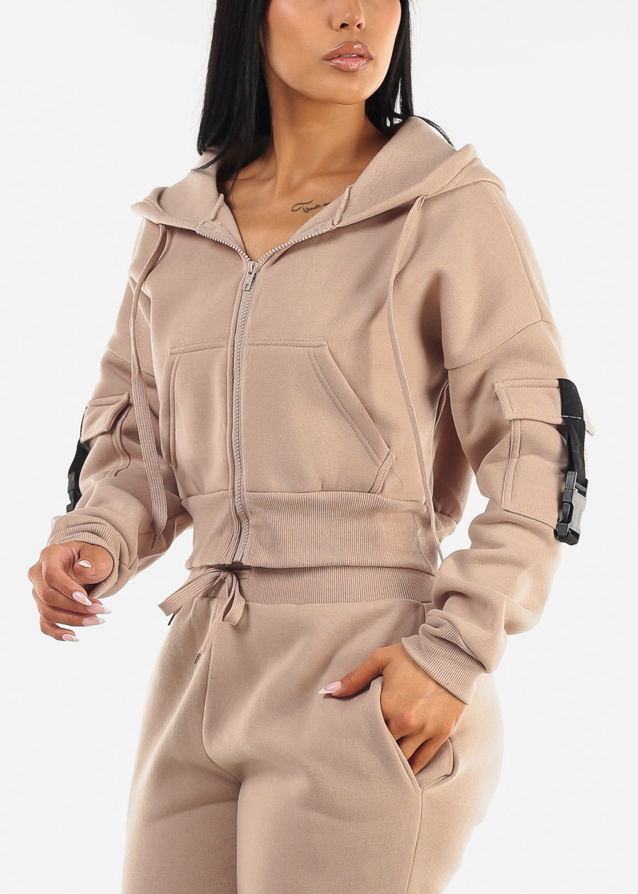 Cropped Zip Up Fleece Hoody Beige