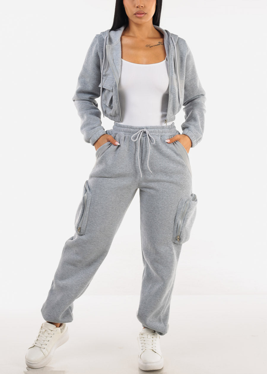 Grey Cargo Jogger Sweatpants w Zipper Pockets 