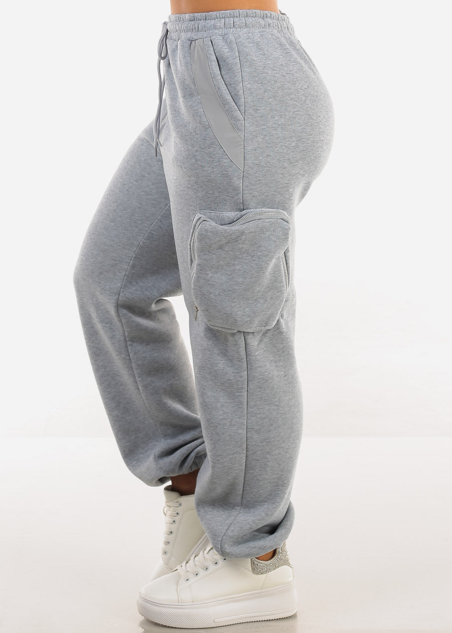 Grey Cargo Jogger Sweatpants w Zipper Pockets 