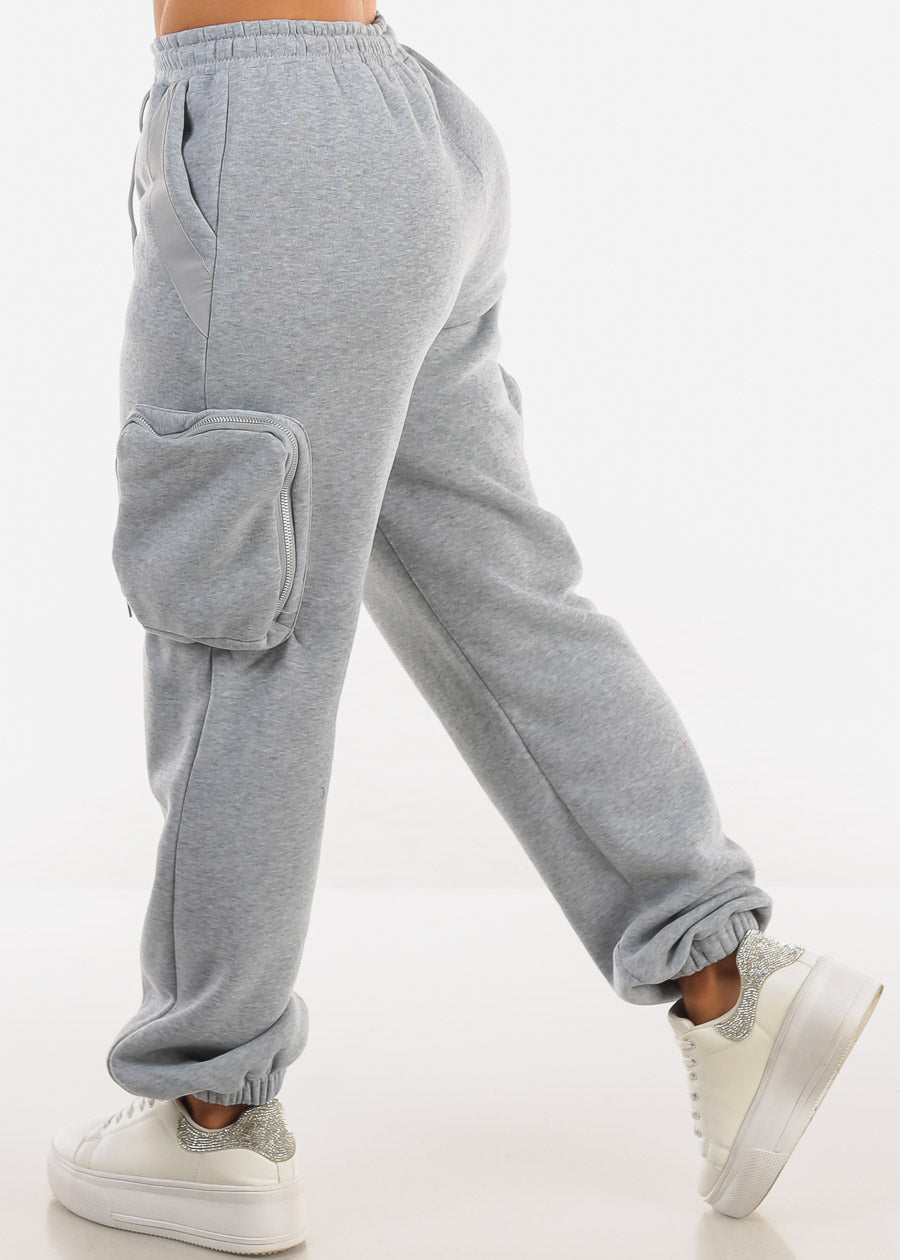 Grey Cargo Jogger Sweatpants w Zipper Pockets 