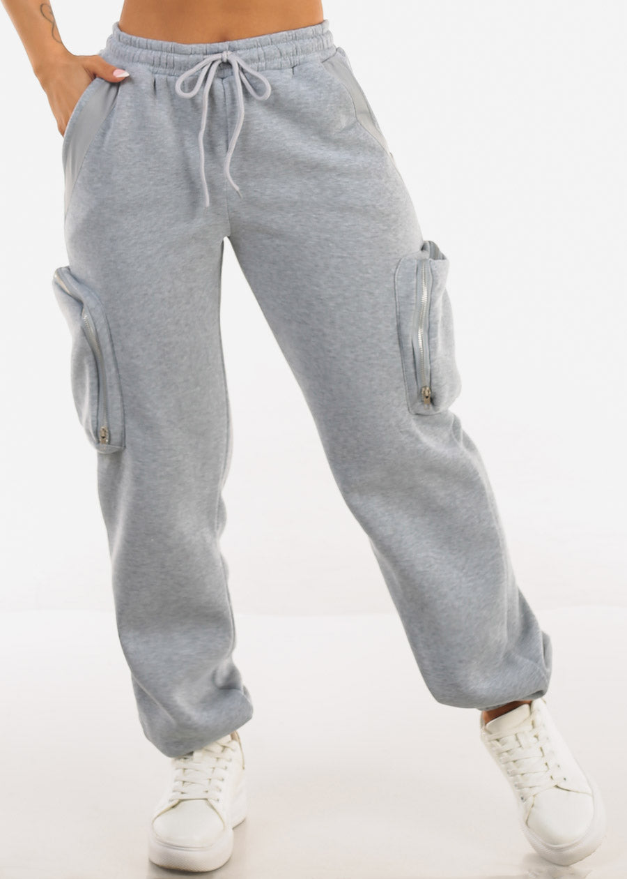 Grey Cargo Jogger Sweatpants w Zipper Pockets 