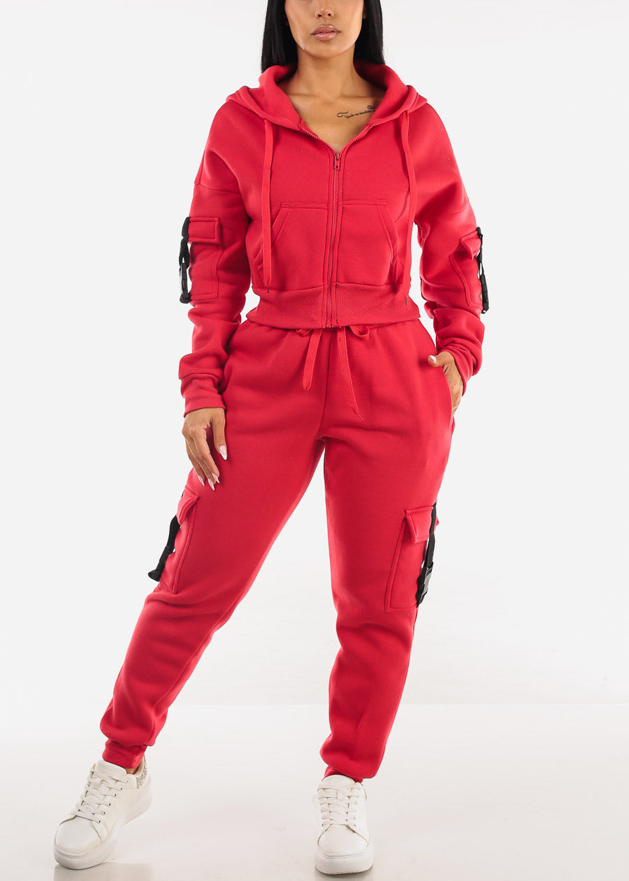 Red High Waist Fleece Joggers w Buckle Pockets