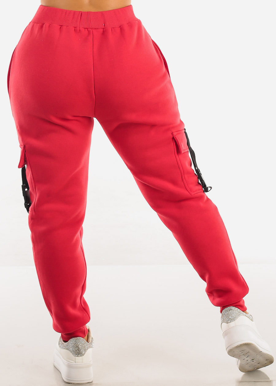 Red High Waist Fleece Joggers w Buckle Pockets