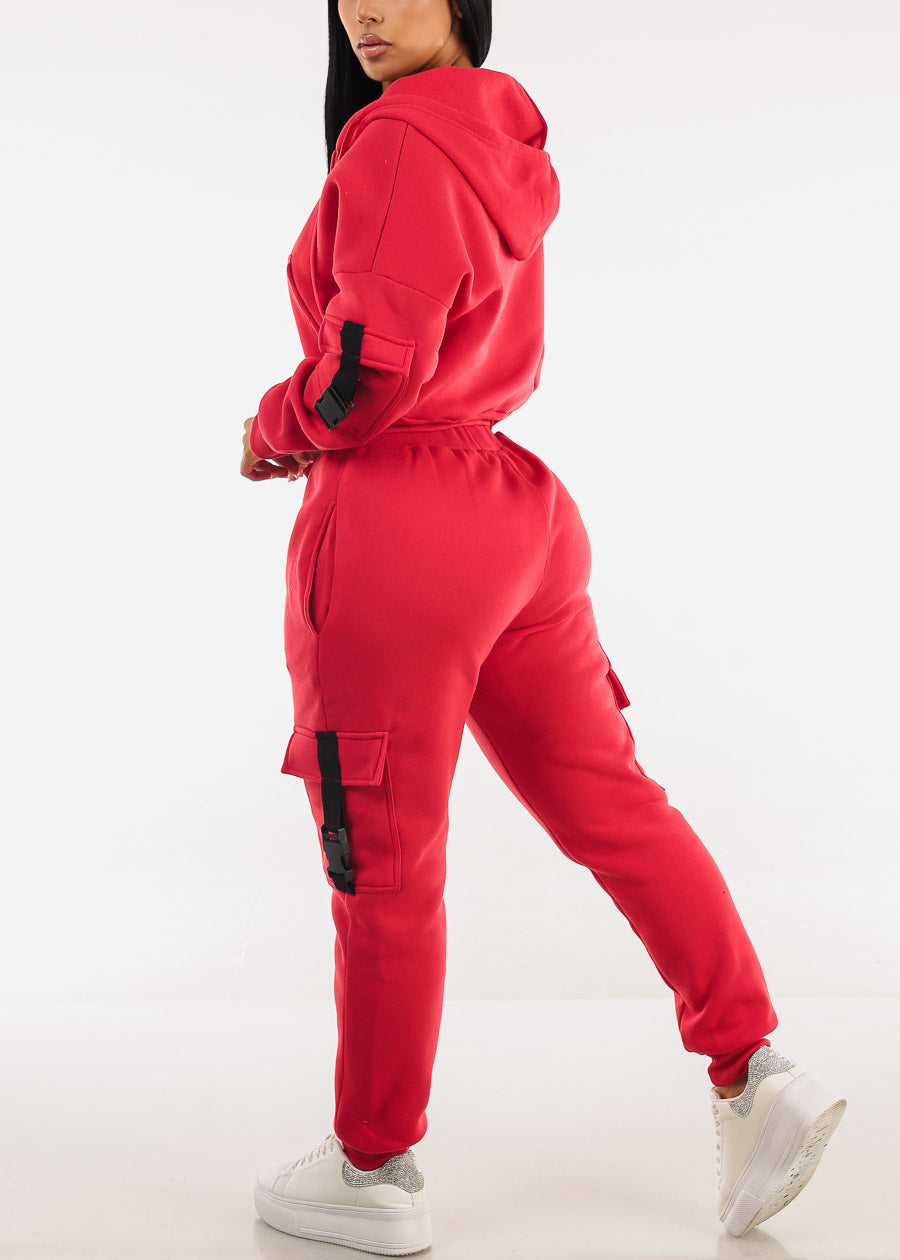 Red High Waist Fleece Joggers w Buckle Pockets