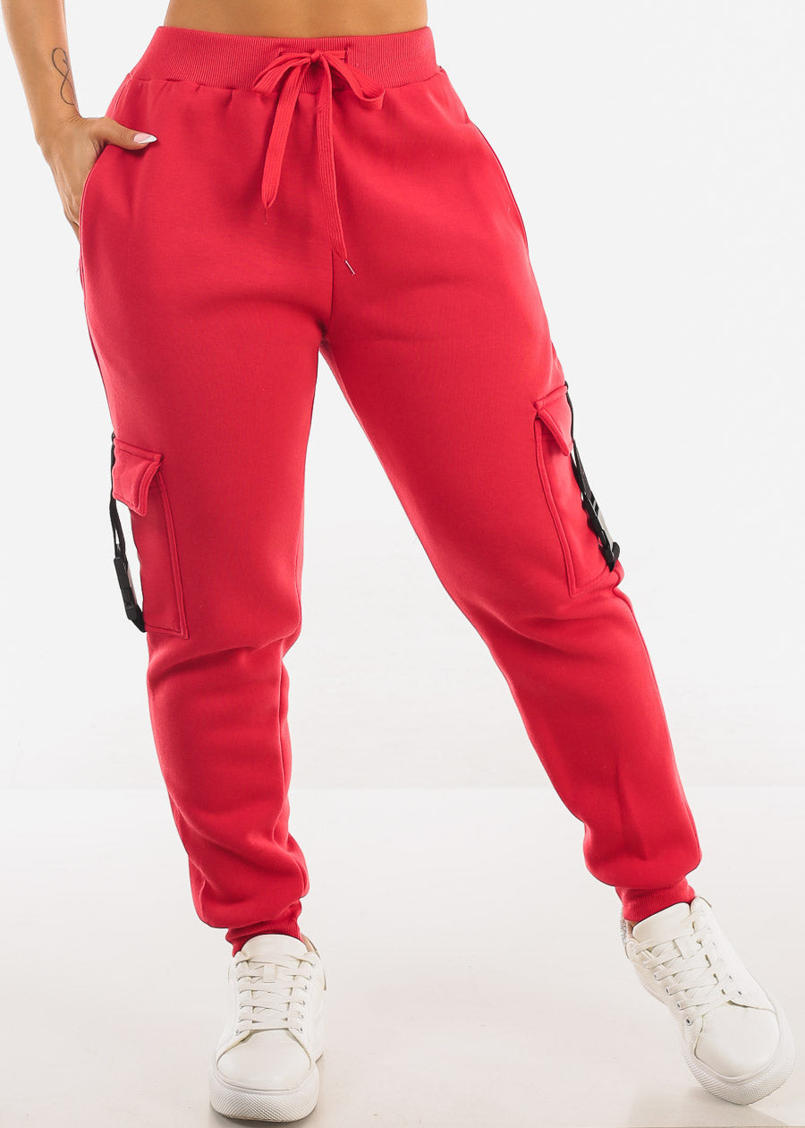 Red High Waist Fleece Joggers w Buckle Pockets