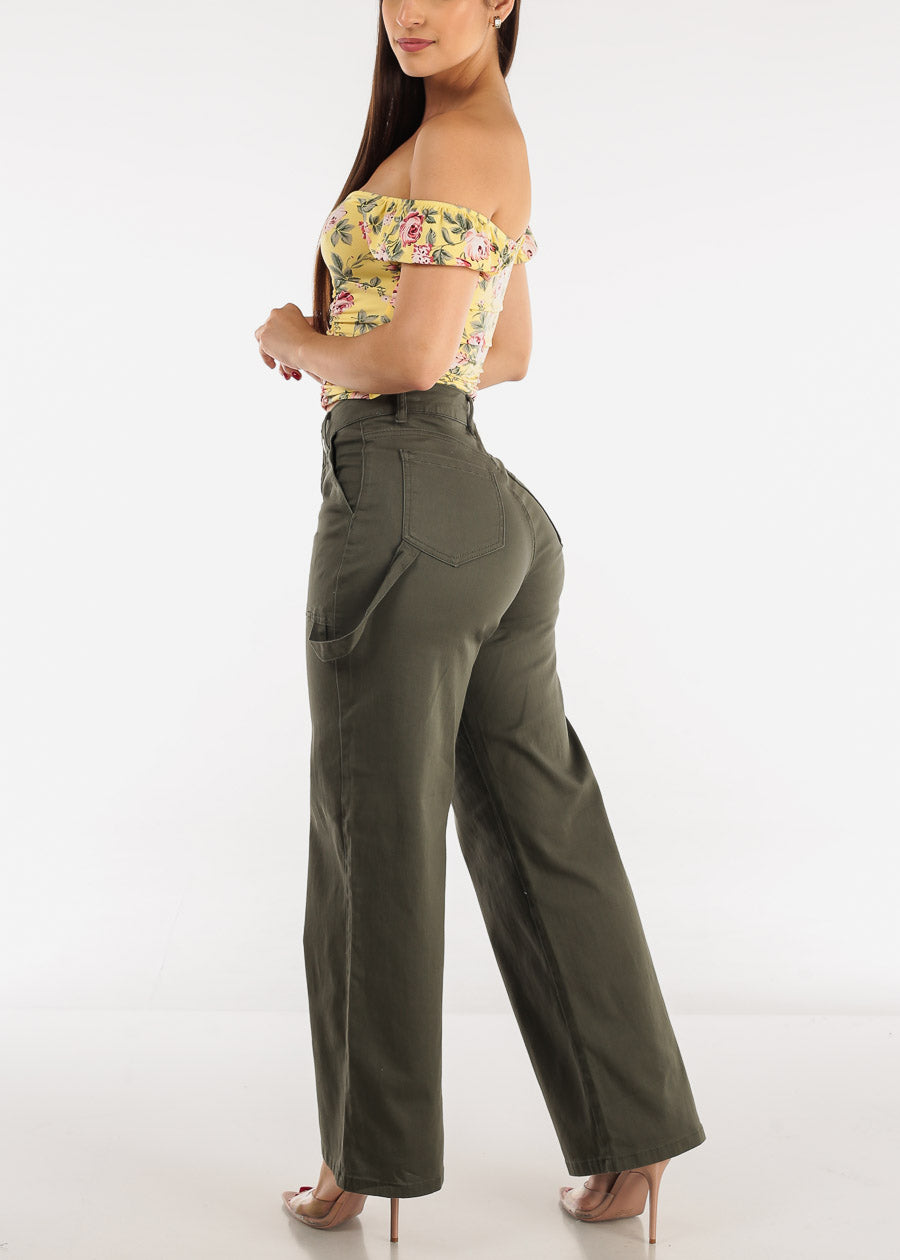 High Waisted Wide Leg Straight Pants Olive