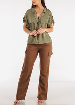 Button Up Short Sleeve Cropped Rayon Shirt Olive