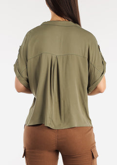 Button Up Short Sleeve Cropped Rayon Shirt Olive