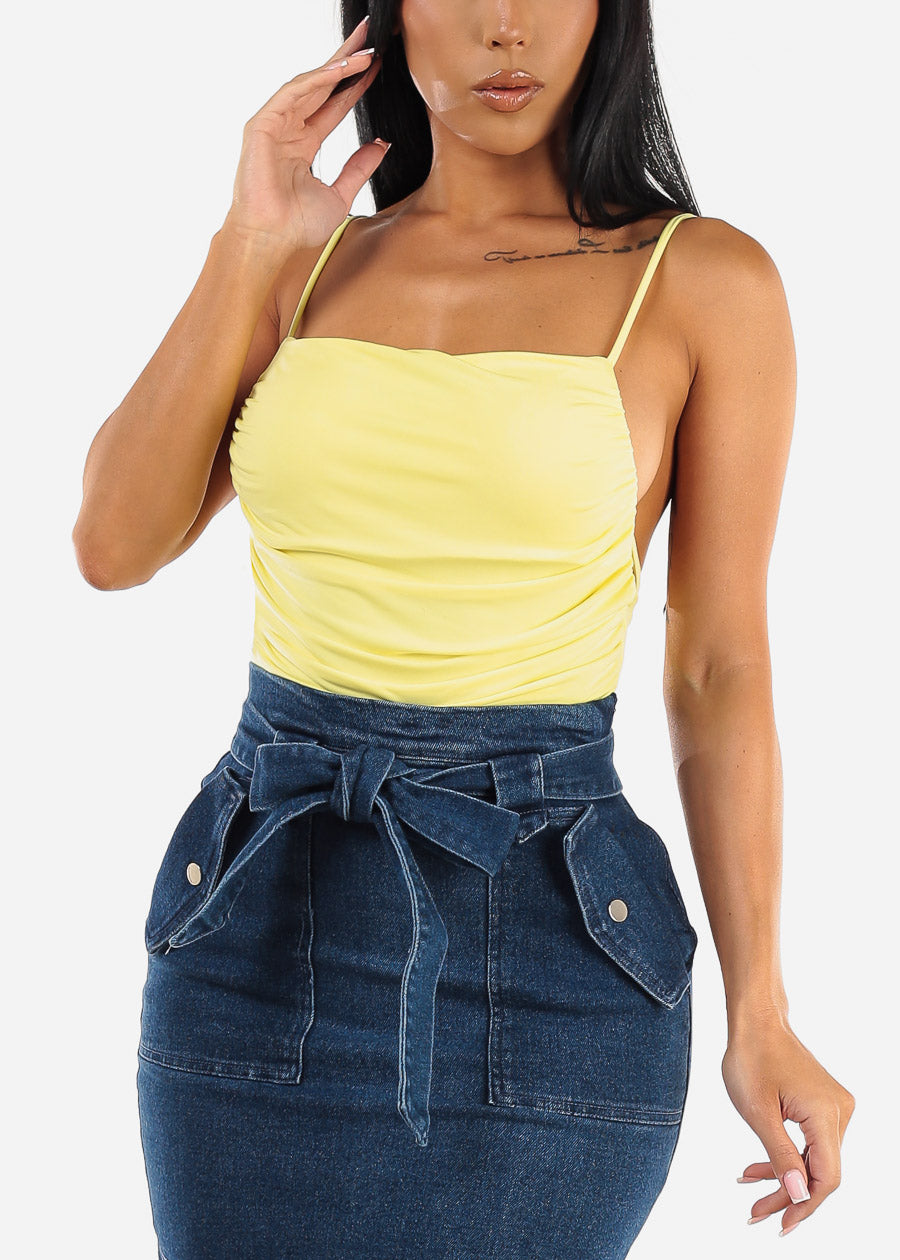 Shirred Backless Cami Bodysuit Yellow