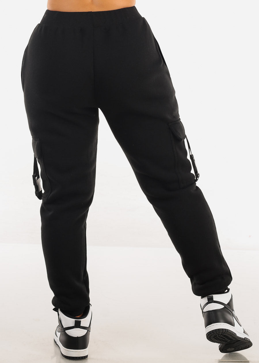 High Waist Fleece Joggers w Buckle Pockets Black