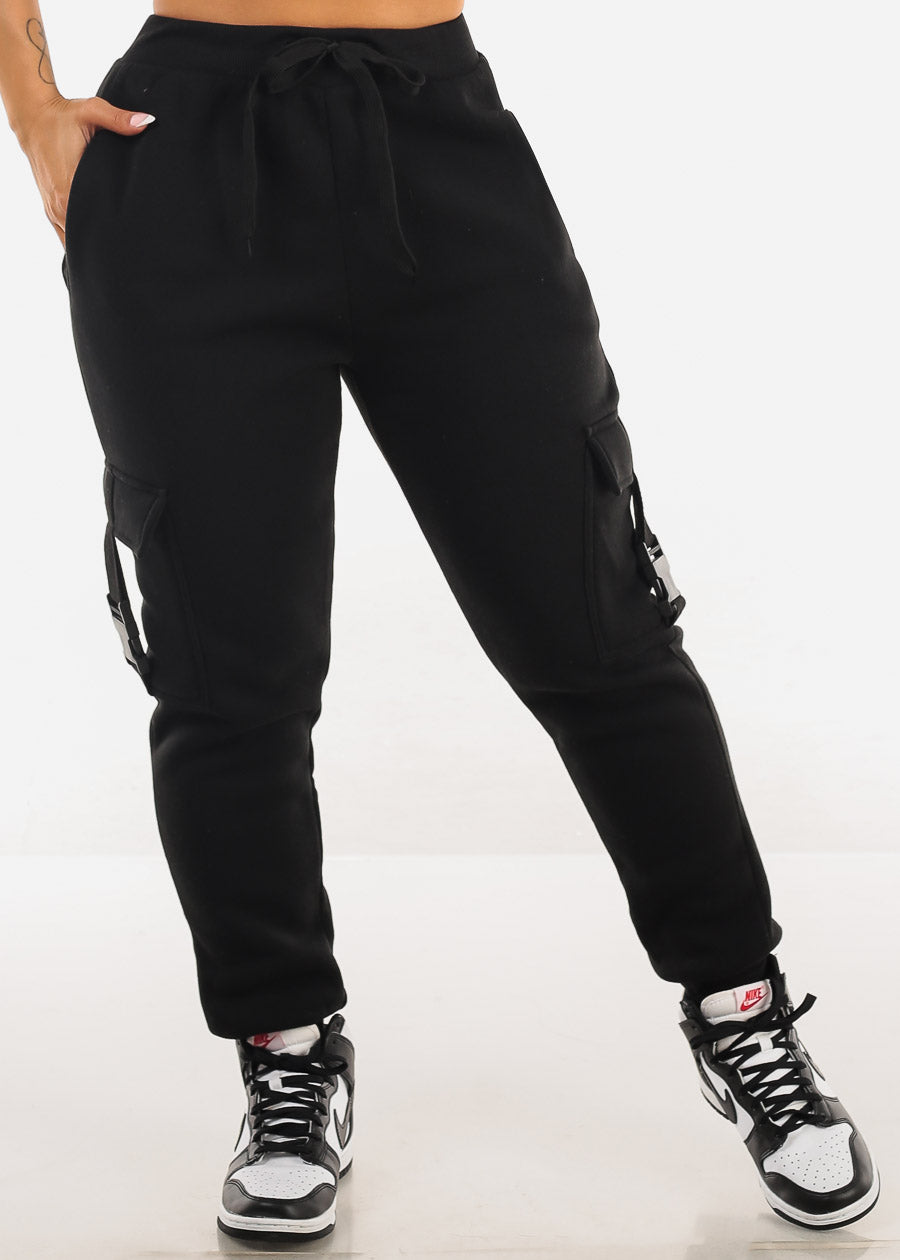 High Waist Fleece Joggers w Buckle Pockets Black