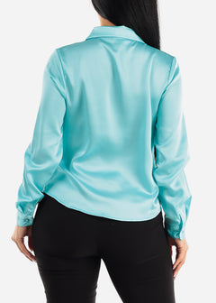 Long Sleeve Satin Button Up Collared Blouse Light Blue