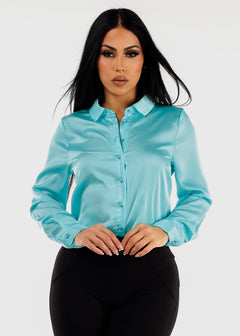 Long Sleeve Satin Button Up Collared Blouse Light Blue