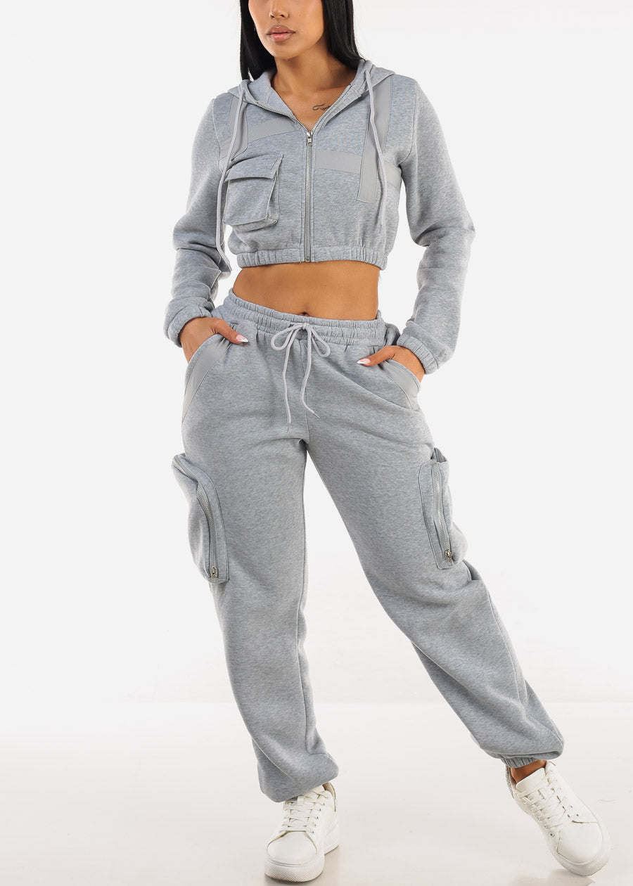 Grey Cropped Zip Up Hoody