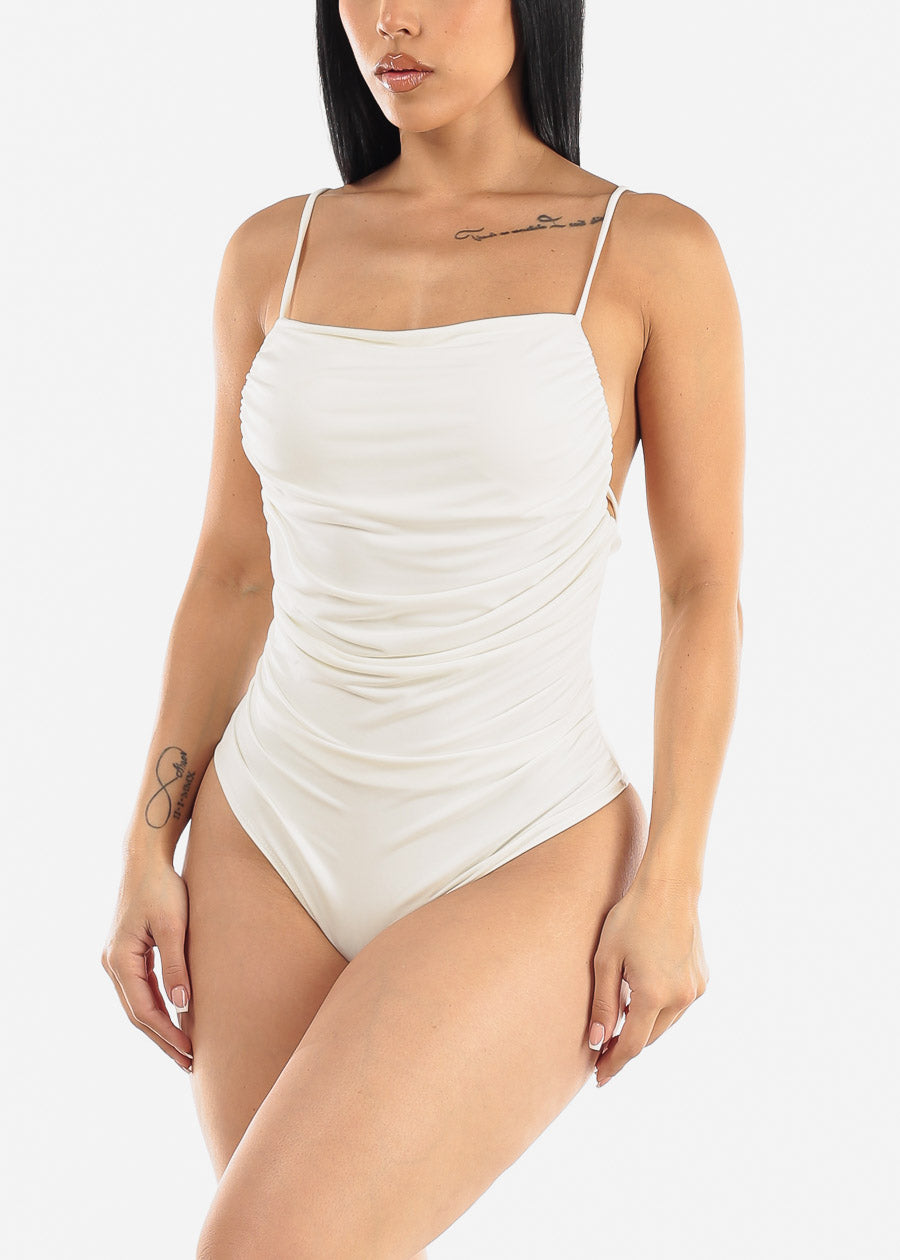 White Shirred Backless Cami Bodysuit