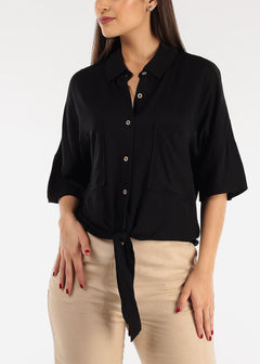 Black Short Sleeve Tie Front Button Up Tunic Shirt
