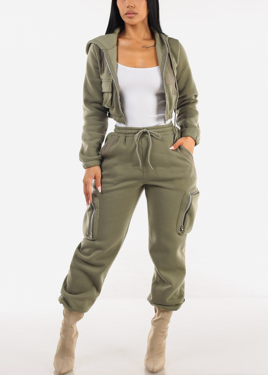 Cargo Jogger Sweatpants w Zipper Pockets Olive