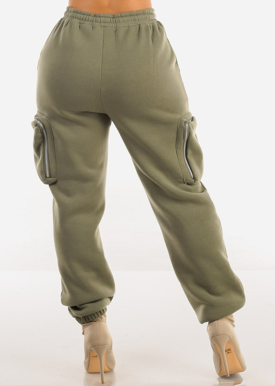 Cargo Jogger Sweatpants w Zipper Pockets Olive