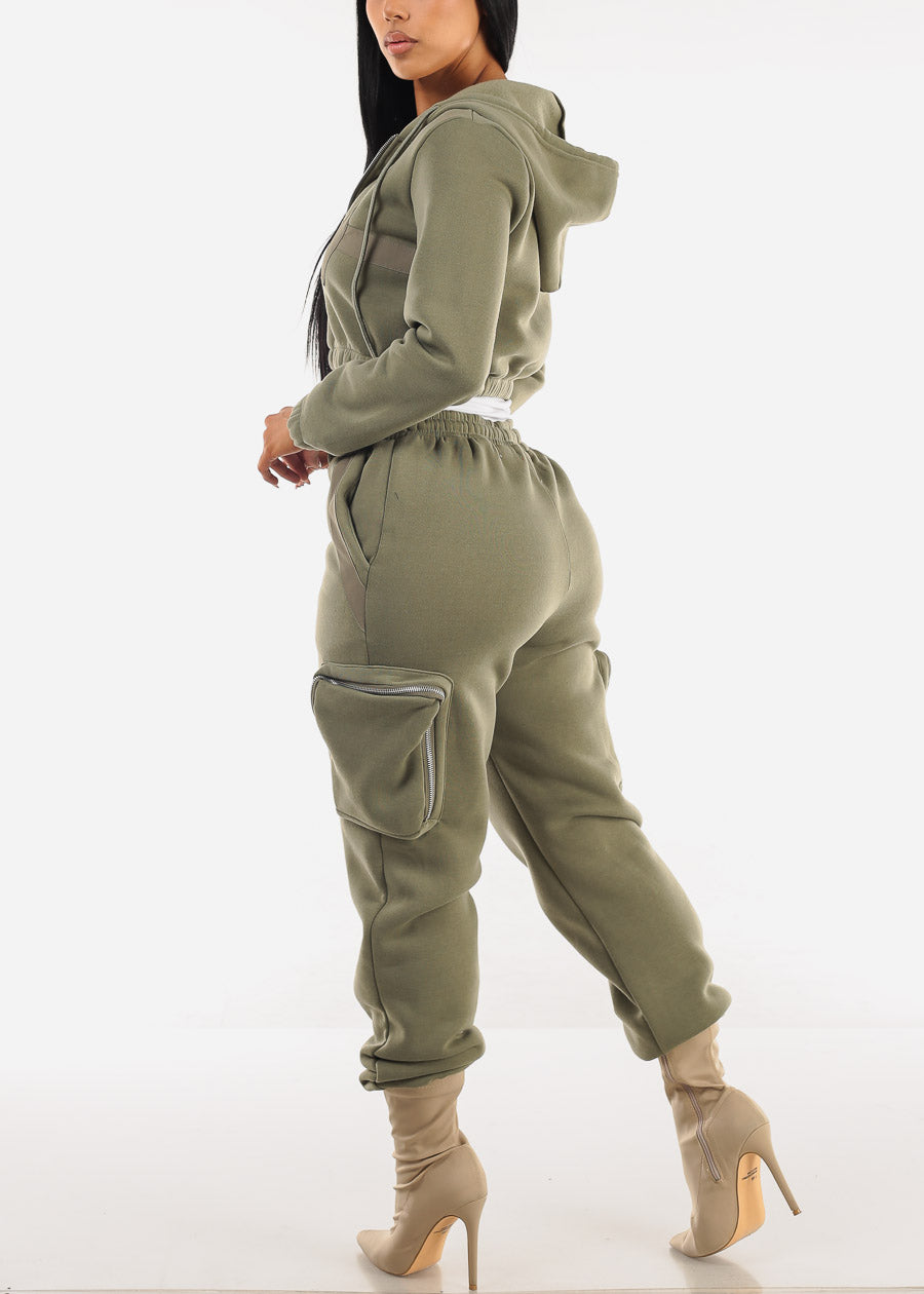 Cargo Jogger Sweatpants w Zipper Pockets Olive