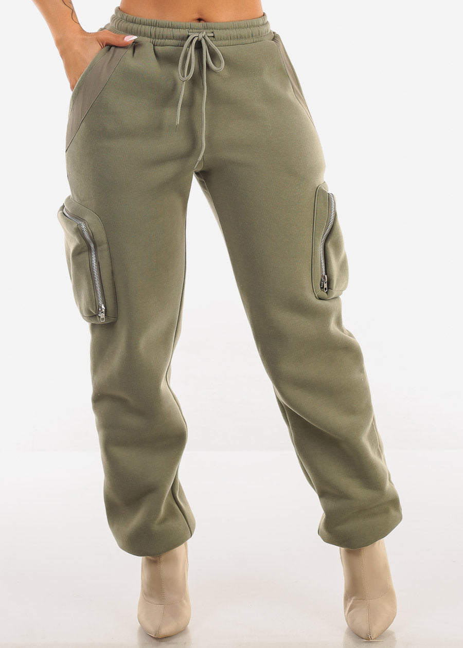 Cargo Jogger Sweatpants w Zipper Pockets Olive