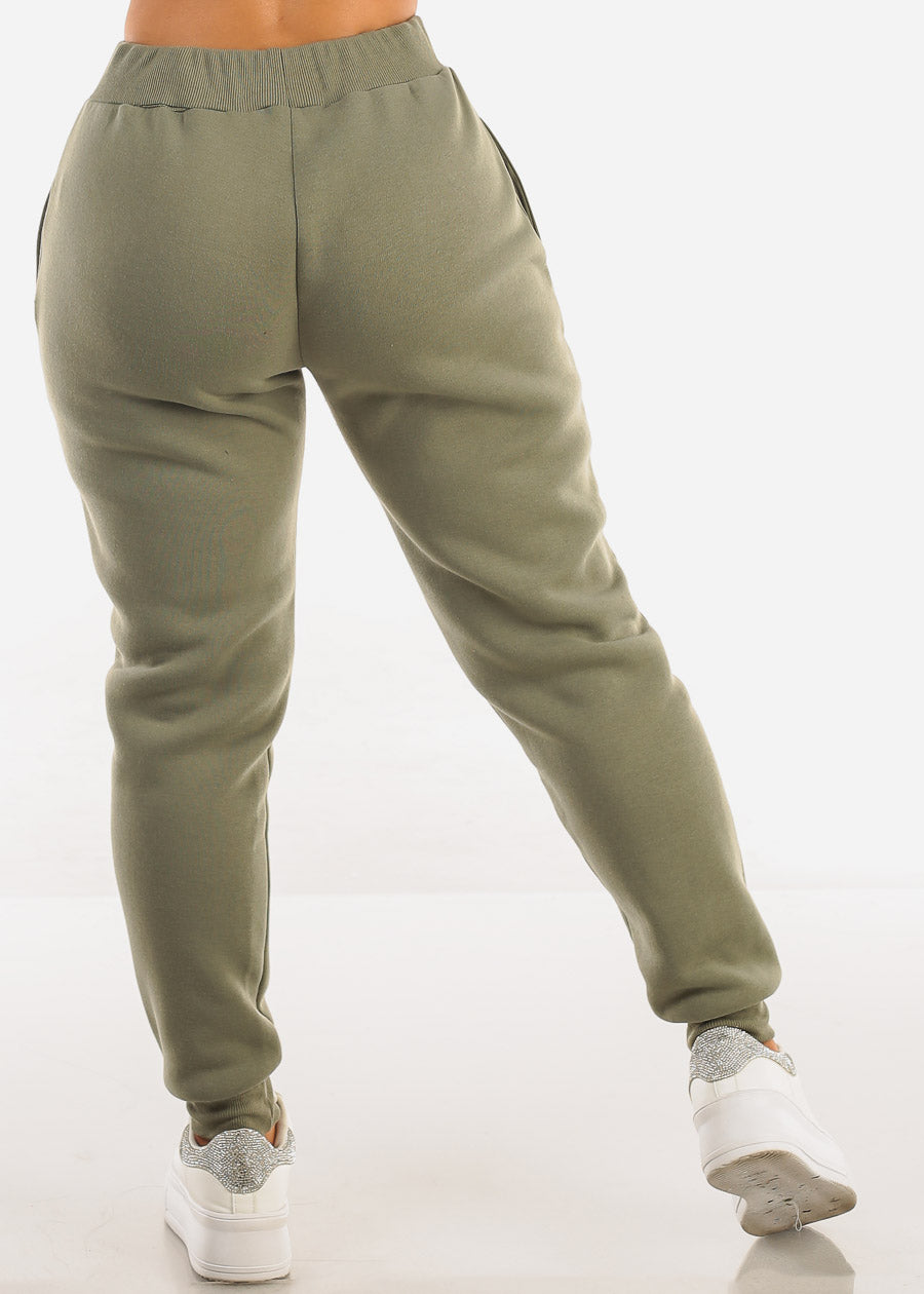 Olive Fleece Drawstring Joggers w Pockets