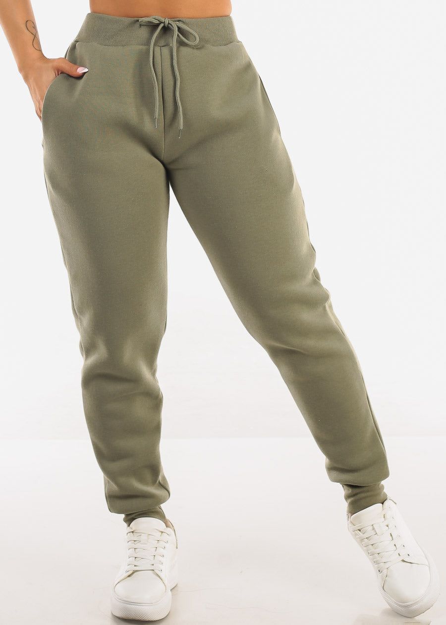 Olive Fleece Drawstring Joggers w Pockets