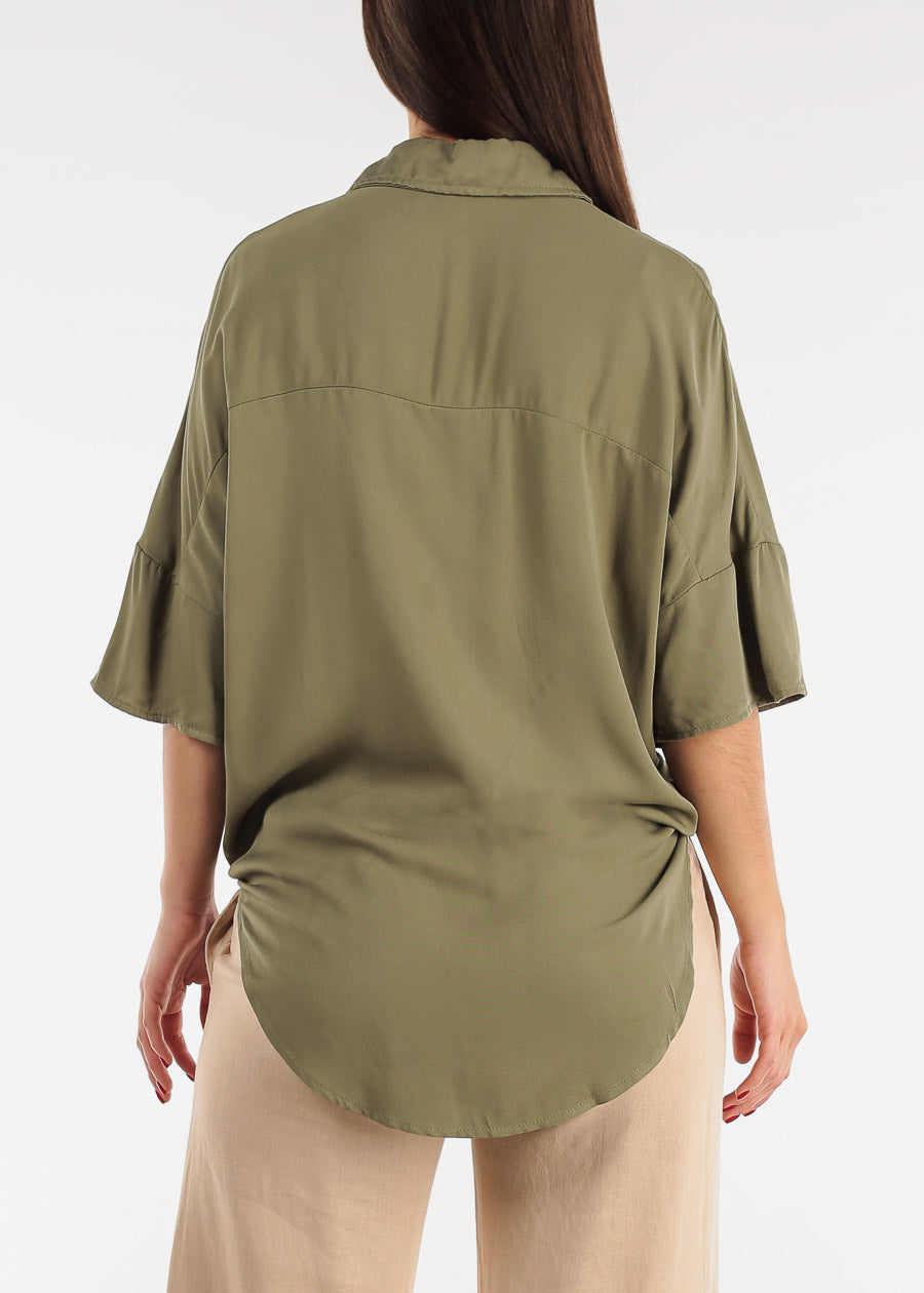 Short Sleeve Tie Front Button Up Tunic Shirt Olive