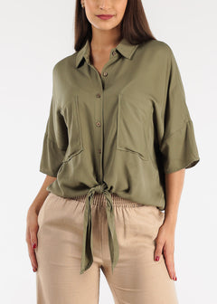 Short Sleeve Tie Front Button Up Tunic Shirt Olive