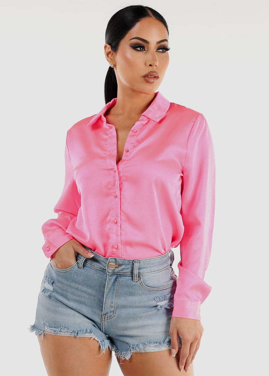 Long Sleeve Satin Button Up Collared Blouse Bright Pink