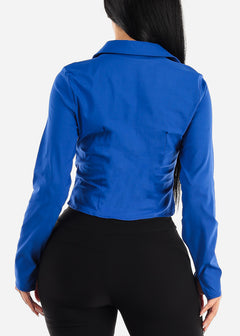 Long Sleeve Stretch Collared Top Royal Blue