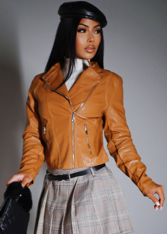 Vegan Leather Zip Up Moto Jacket Khaki