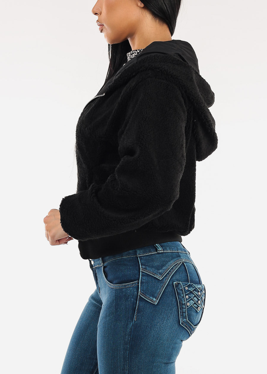 Reversible Sherpa Zip Up Jacket Black w Hoodie