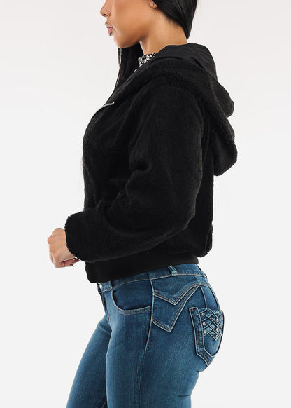 Reversible Sherpa Zip Up Jacket Black w Hoodie