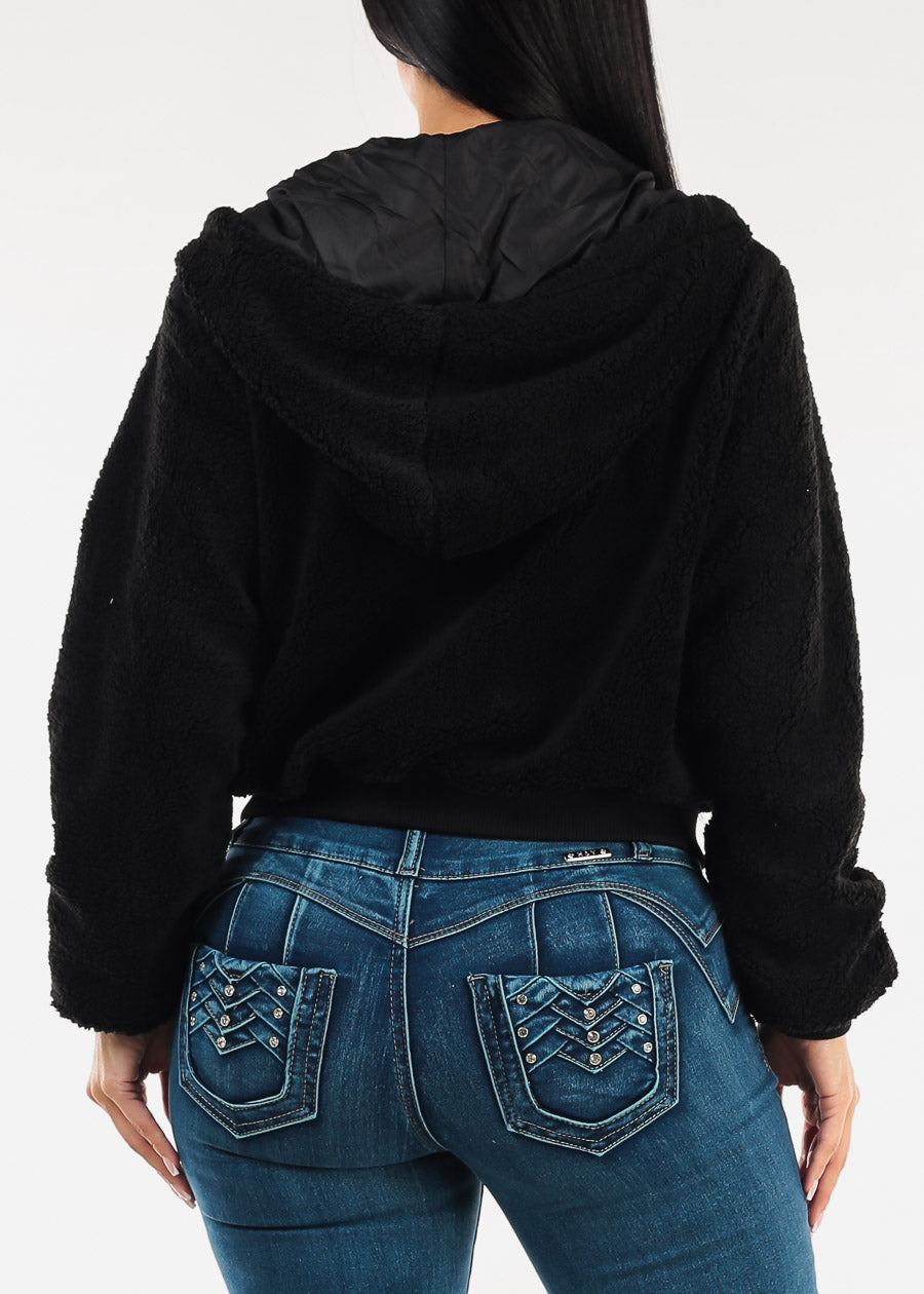 Reversible Sherpa Zip Up Jacket Black w Hoodie