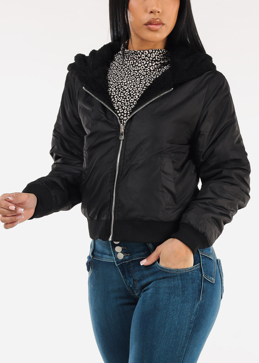 Reversible Sherpa Zip Up Jacket Black w Hoodie