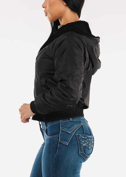 Reversible Sherpa Zip Up Jacket Black w Hoodie