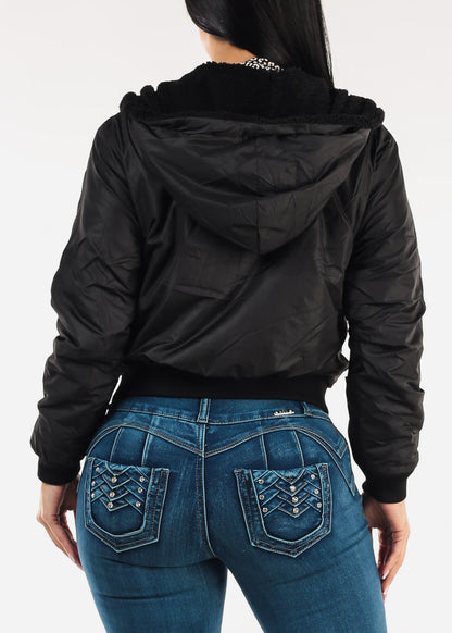 Reversible Sherpa Zip Up Jacket Black w Hoodie