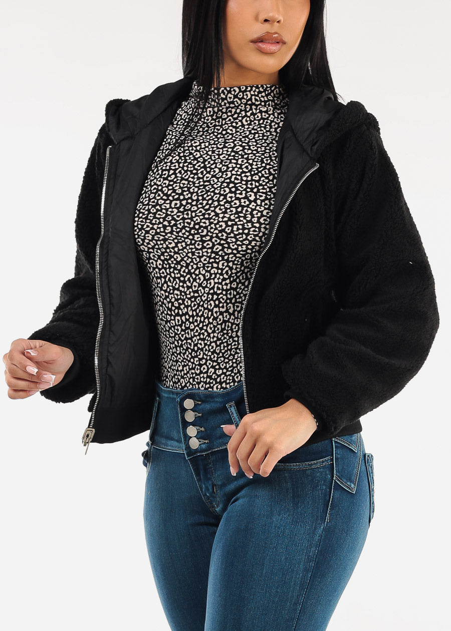 Reversible Sherpa Zip Up Jacket Black w Hoodie