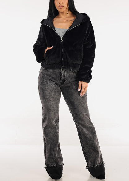 Reversible Faux Fur Zip Up Jacket Black w Hoodie