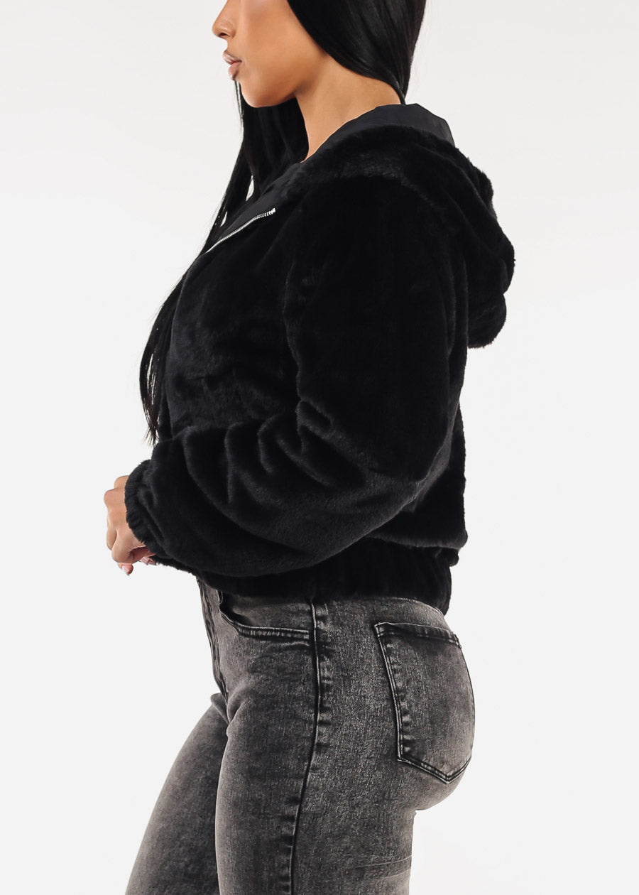Reversible Faux Fur Zip Up Jacket Black w Hoodie