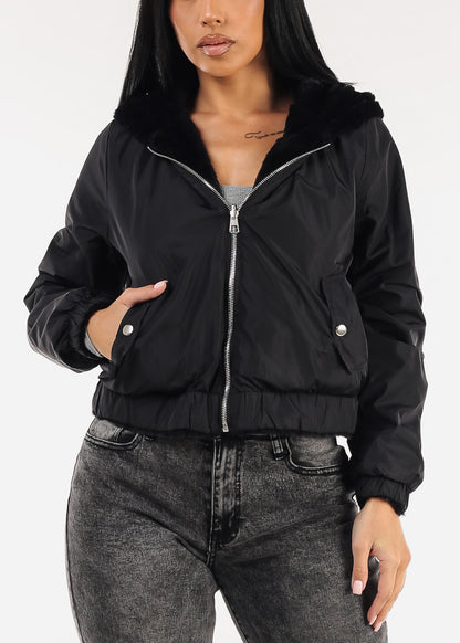 Reversible Faux Fur Zip Up Jacket Black w Hoodie