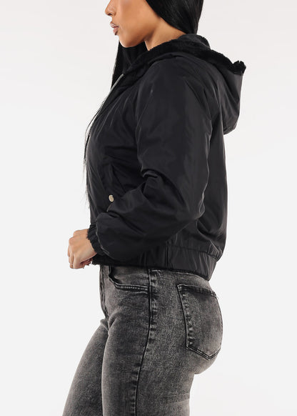 Reversible Faux Fur Zip Up Jacket Black w Hoodie
